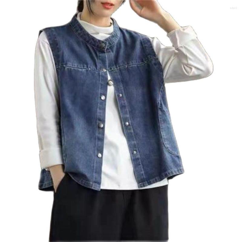 

Women' Vests Women Autumn Fashion Casual Wild Stand Collar Vest Female Solid Color Vintage Patchwork Sleeveless Denim Waistcoat Loose Gilet, Blue