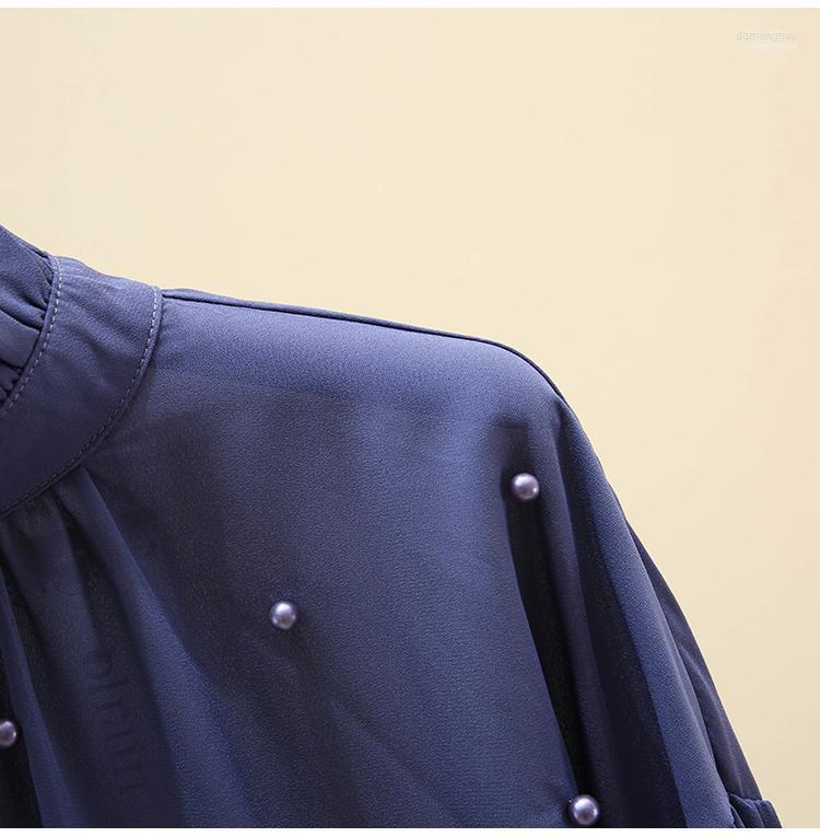 

Women' Blouses Women' & Shirts Stand Collor Blouse For Women 2022 Spring Autumn Beaded Chiffon Shirt Lady' Long-Sleeved, Blue