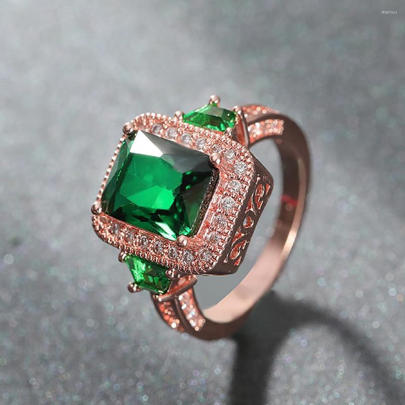 

Wedding Rings Luxury Princess Cut Green Zircon Ring Elegant Rose Gold Color Cocktail Party Women Bridal Band Gifts Jewelry