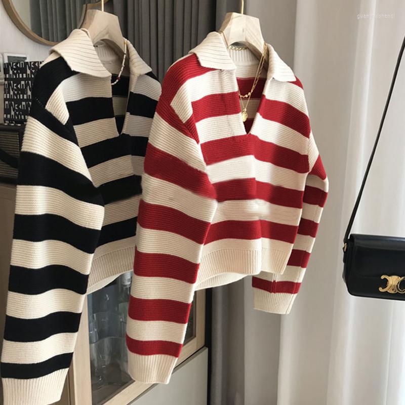 

Women' Sweaters Polo Collar Sweater Women' Autumn And Winter Striped Red Casual Loose Pullover Short Knitted Long-sleeved Top Y2K, Black