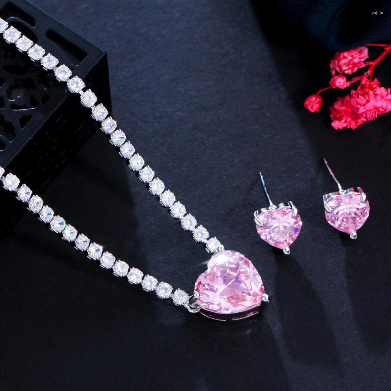 

Necklace Earrings Set CWWZircons Cute Romantic Love Heart Shape Pink Cubic Zirconia Crystal Women Engagement Earring Wedding Jewelry T554, Picture shown