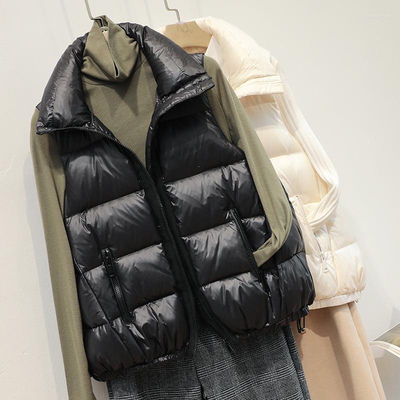 

Women's Vests 2022 Winter Ultra Light Down Vest Women Short Shiny Jacket Casual Windproof Female White Duck Outerwear, Beige