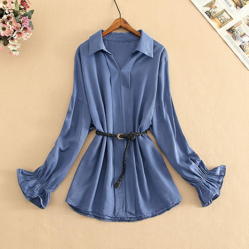 

Women' Blouses Chiffon Blouse Shirt Women Spring Summer Solid Ruched Ruffle Long Sleeve Pullover V Neck Design Tops Belt Women, Blue