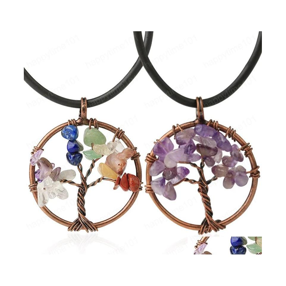 

Pendant Necklaces Round Tree Of Life Necklaces For Women Gravel Beads Natural Stone Crystal Pendant Reiki Healing Jewelry Christmas Dhnd9