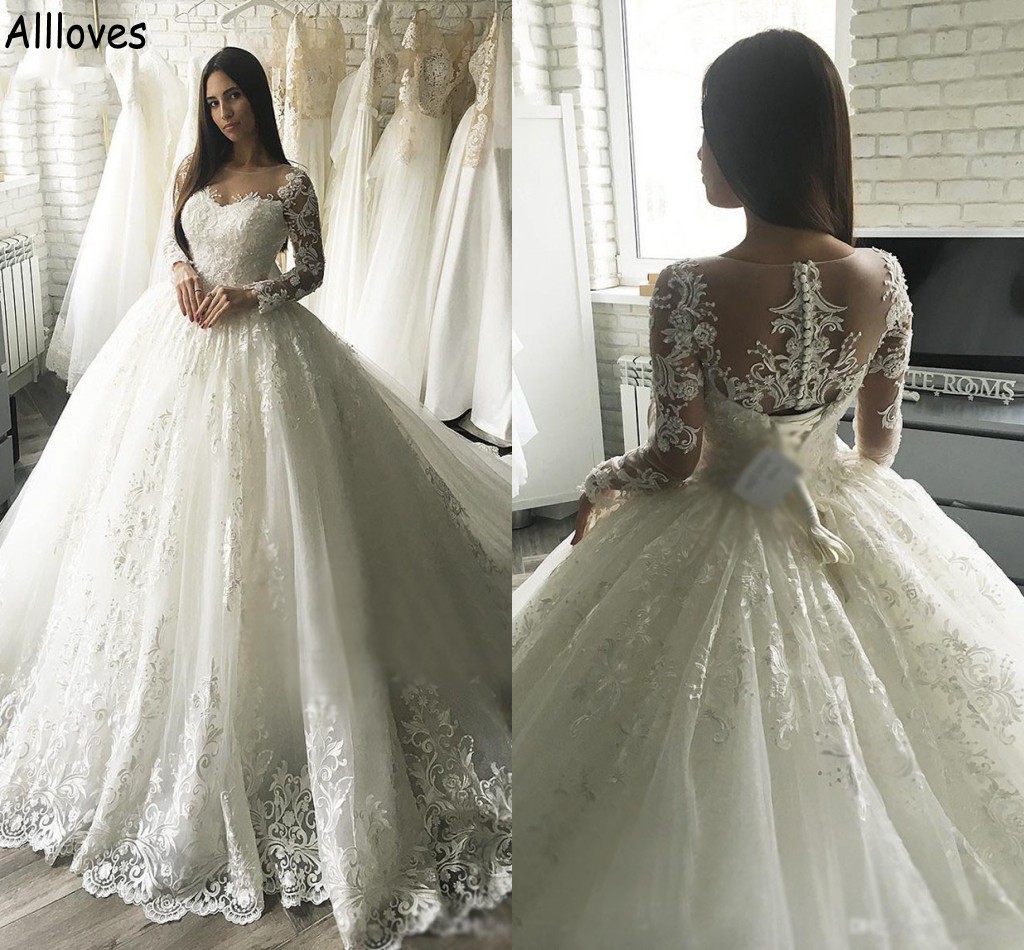 

Gorgeous Long Sleeves Ball Gown Wedding Dresses For Bride Sheer Neck Lace Appliques Beaded Bridal Gowns Plus Size Arabic Aso Ebi Court Train Vestidos De Novia CL1527, White