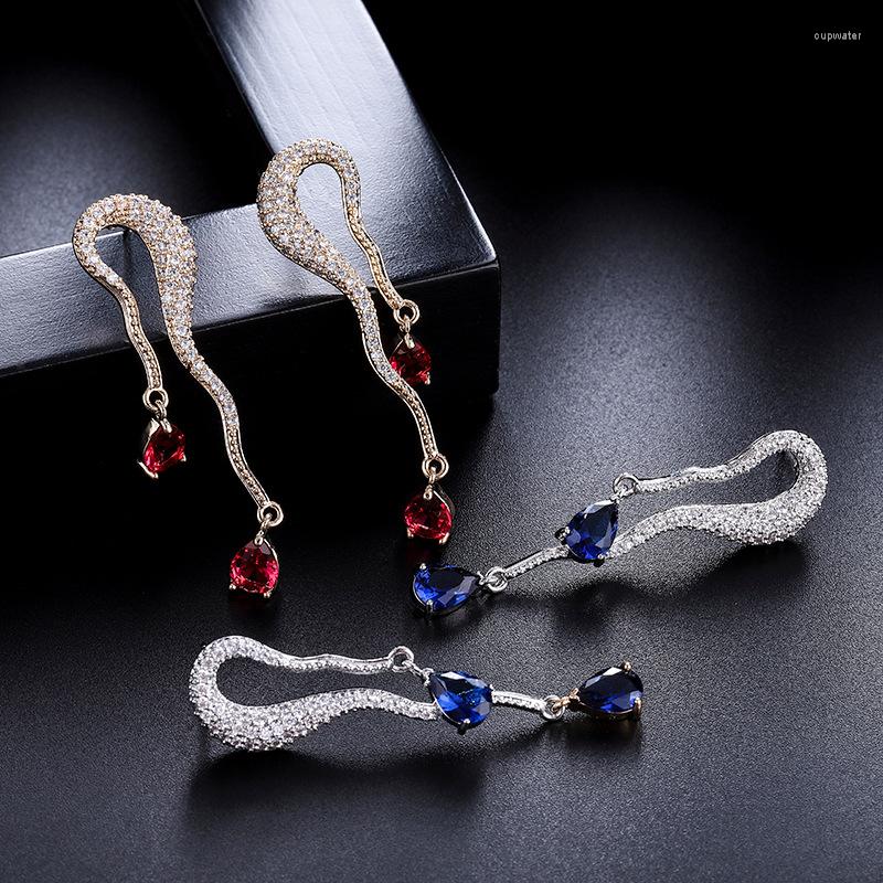 

Dangle Earrings Colorful Snake Shaped Full Paved White Zirconia Blue Red Water Drop Pendent Hollow Irregular Line Long Jewelry
