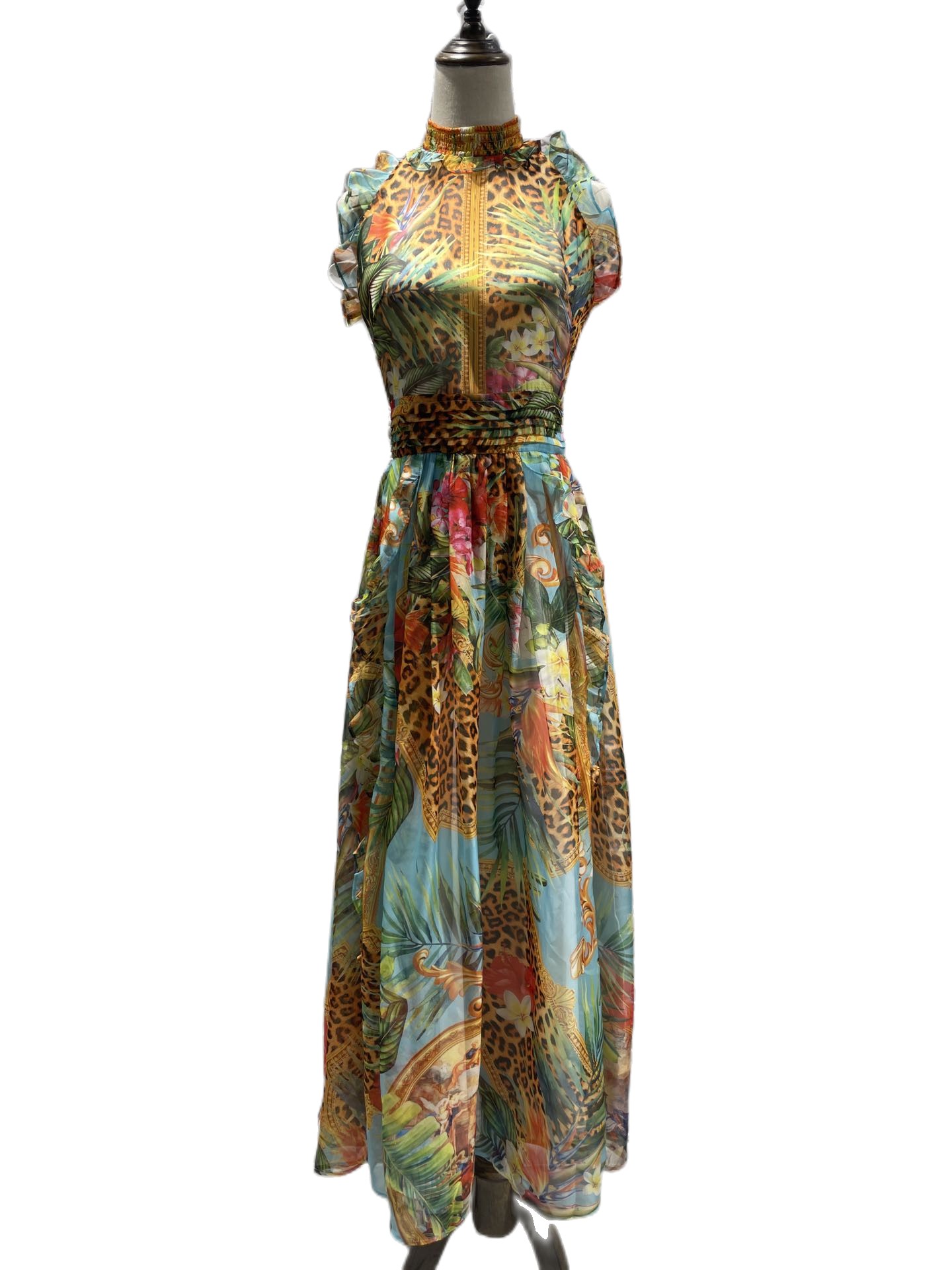 

Temperament New Sleeveless Neckline Collar Cuff Ruffle Waist Pleated Dress, Customize