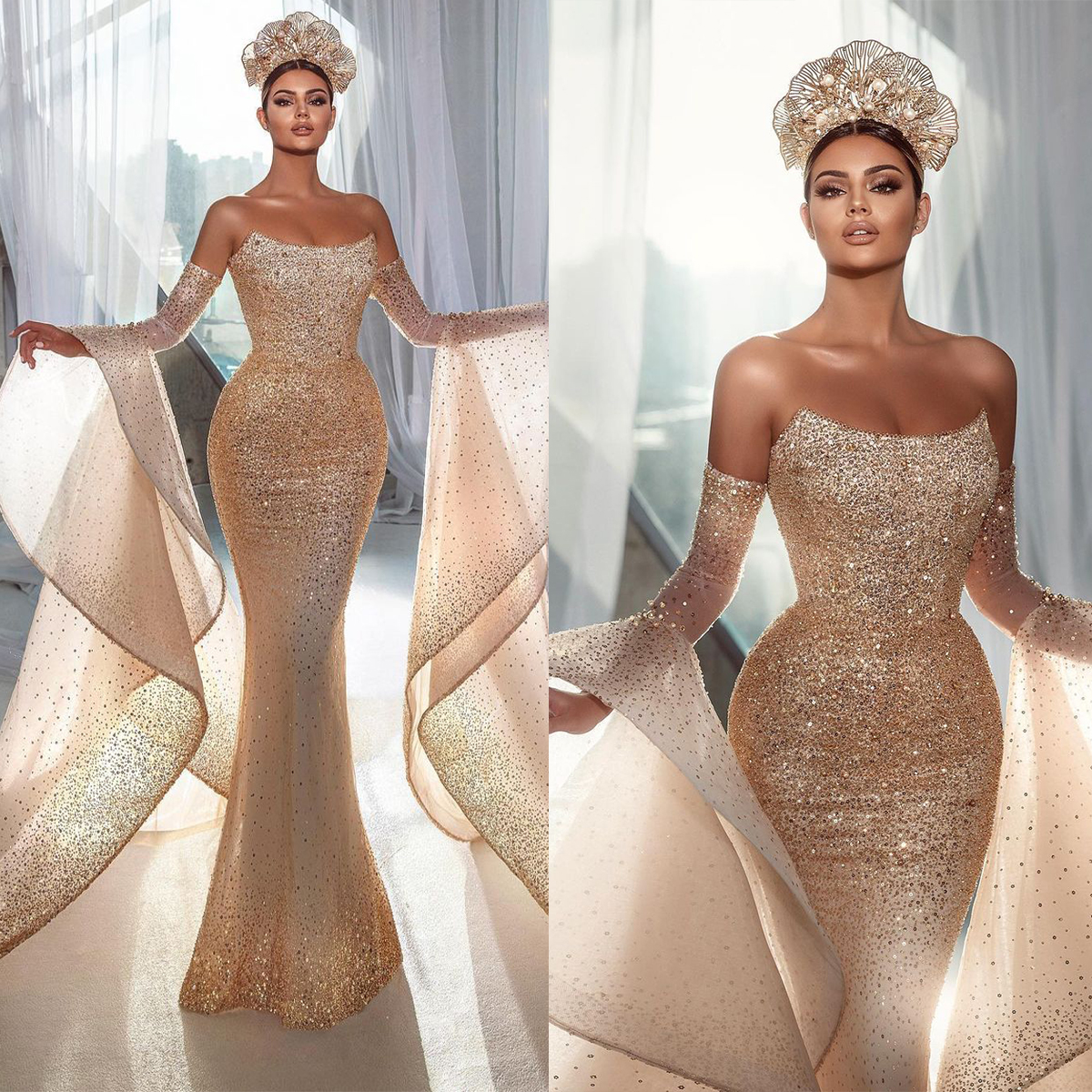 

Princess New Arrival Evening Dresses Bateau Long Sleeves Strapless Lace Backless Floor Length Formal Dress Sequins Appliques Prom Dress Formal Plus Size Tailored, Champagne