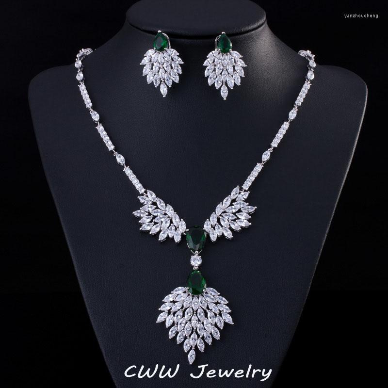 

Necklace Earrings Set High Quality Green Zirconia Rhinestone Fashion Jewellery Wedding Long Crystal Drop Bridal And Earring T234, Picture shown