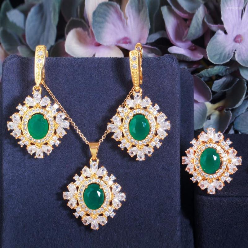 

Necklace Earrings Set CWWZircons Shiny African Cubic Zirconia Dubai Gold Color Green CZ For Women Engagement Costume Accessories T518, Picture shown