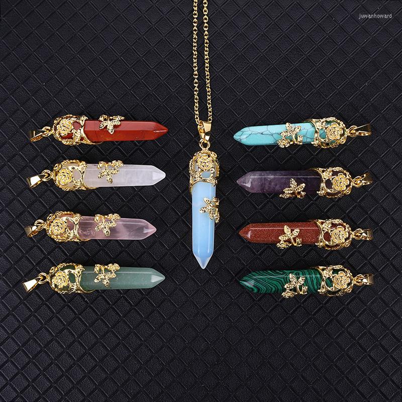 

Pendant Necklaces Arrived 6Pcs/Lot Natural Stone Golden Flower Wire Wrap Hexagonal Pink Opal Quartz For Necklace Choker DIY Jewelry