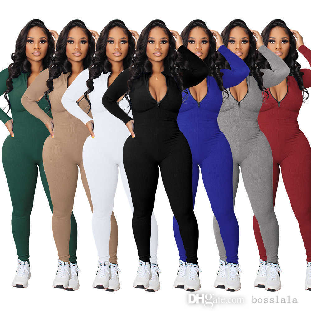 

Retail Womens Jumpsuits Knit Rib Bodycon Fitness Playsuit Long Sleeve Zipper Body Rompers Fall Winter Sportswear, White