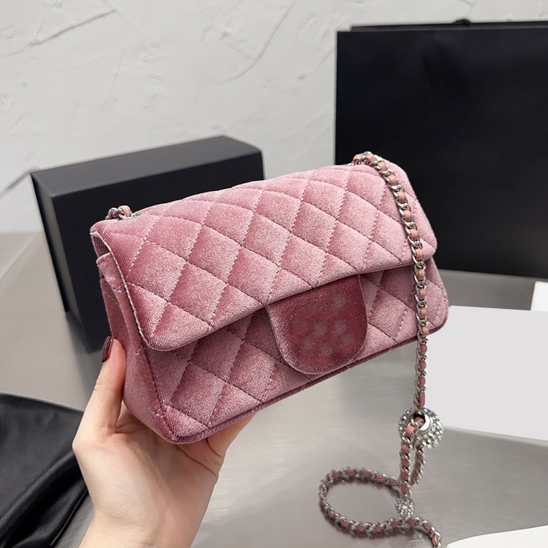 

French Womens Cross Body Classic Mood Flap Bags Velvet Quilted Purse With Silver Strass Ball Metal Hardware matelasse Chain Shoulder Outdoor Sacoche Handbags 20CM, Box