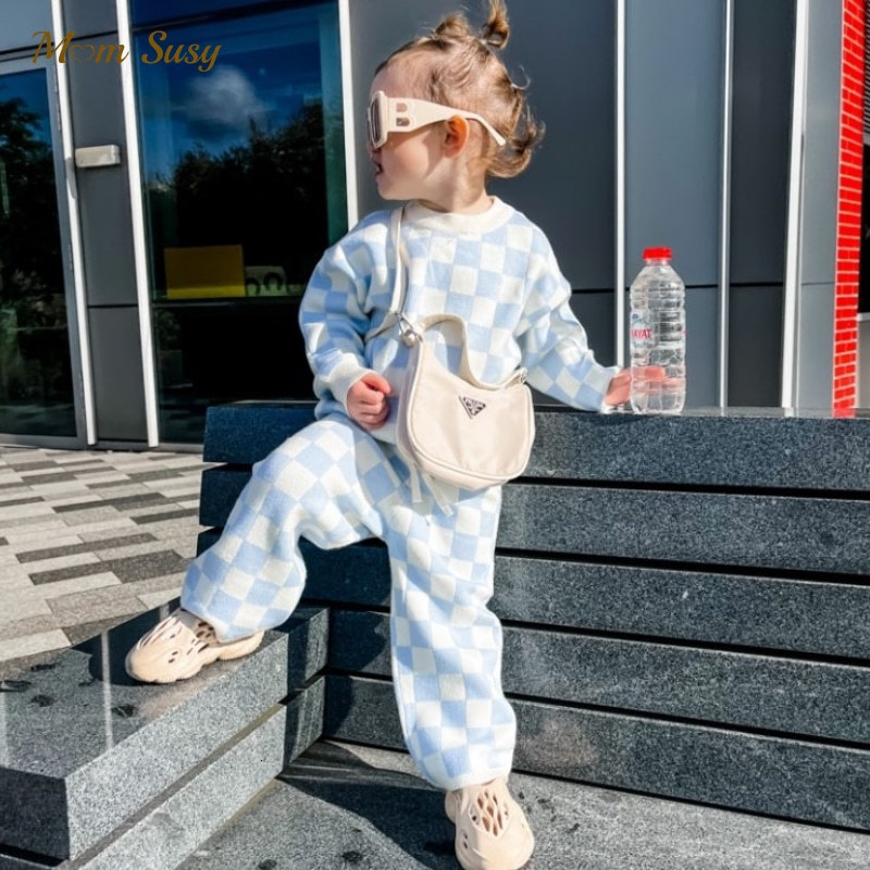 

Clothing Sets Fashion Baby Girl Boy knitted Clothes Set Sweater Pant 2PCS Infant Toddler Spring Fall Winter Plaid Knit Suit 1 5Y 221130, Blue