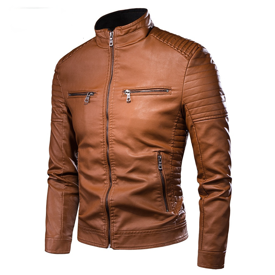 

Men's Leather Faux Spring Brand Causal Vintage Jacket Coat Outfit Design Motor Biker Zip Pocket PU 221201, Dark brown