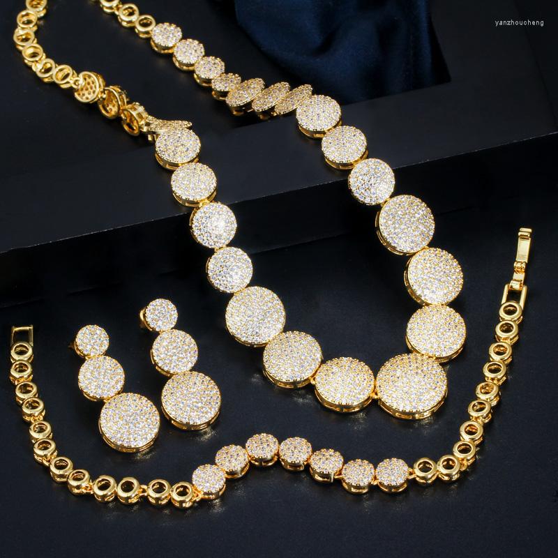 

Wedding Jewelry Sets CWWZircons Round Drop Bridal CZ Choker Necklcae Earrings Bracelet Luxury Dubai Gold Plated Jewellery T364