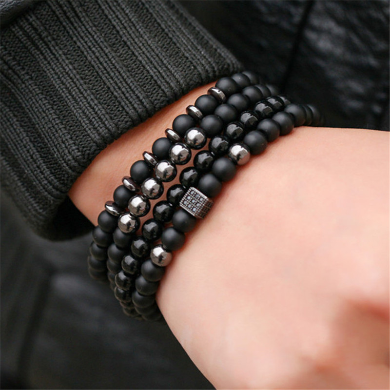 

6mm Mens Beaded Bracelet Designer Hand Chakras Zirconia Square 3pcs/set Black Frosted Stone Copper Bead Man Bracelets Elastic Bangles Fashion Jewelry Gift