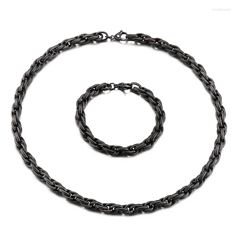 

Necklace Earrings Set Mens Cool Jewelry Boiled Black Stainless Steel Rope Link Embossing Twist Chain Bracelet 8mm 24'' 8'', Picture shown