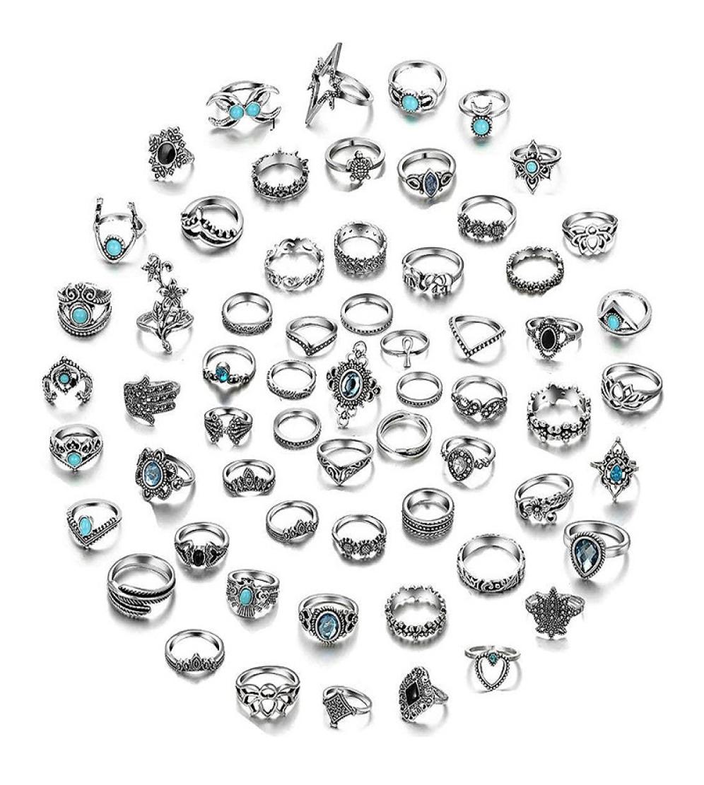 

Whole 60pcs Womens Rings Vintage Antique Silver Plated Mix Styles Beautiful Bohemian Finger Joint Ring Party Gifts9705296