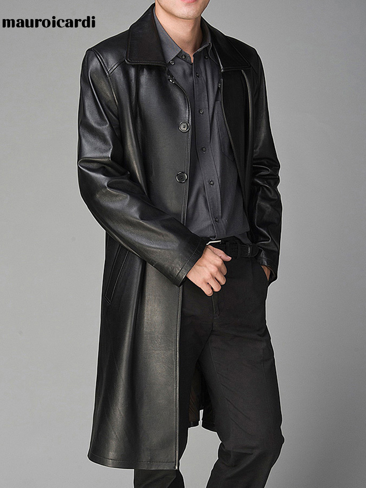 

Men's Leather Faux Mauroicardi Autumn Long Black Trench Coat for Women Sleeve Single Breasted Luxury British Style Fashion 221202