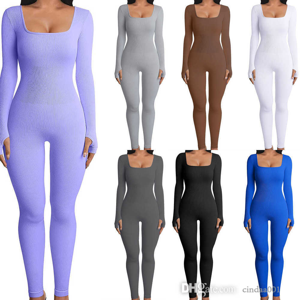 

Women Yoga Jumpsuits Designer Slim Sexy One-piece Clothing Solid Autumn Threaded Square Neck Hip Fitness Rompers, Purple