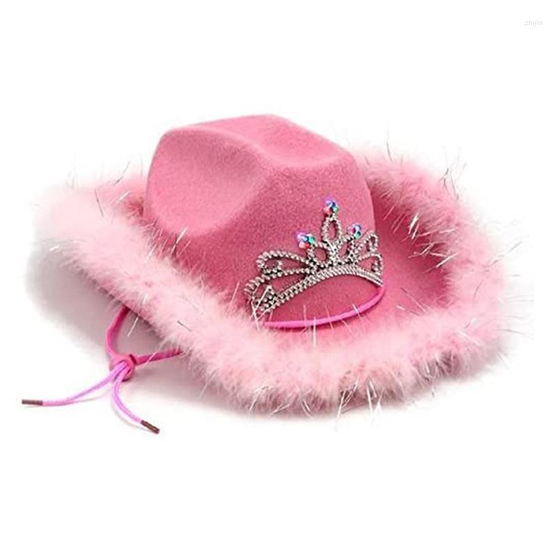 

Berets Western Cowboy Hat Pink Cowgirl For Women Girls Tiara Holiday Costume Party Night Club Feather Edge Cap, Beret hat