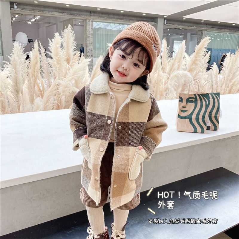 

Jackets -130 Cm Winter Girls Long Thick Warm Plaid Fleece Coat Baby Kids Children Clothes Jacket Outerwear 221201, Camel