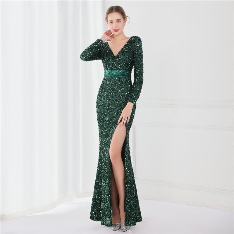

Casual Dresses Women 2022 Elegant Velvet Long Sleeve V-Neck Floor Length Evening Dress Sexy Hight Slit Sequin Party Maxi Vestidos, Burgundy