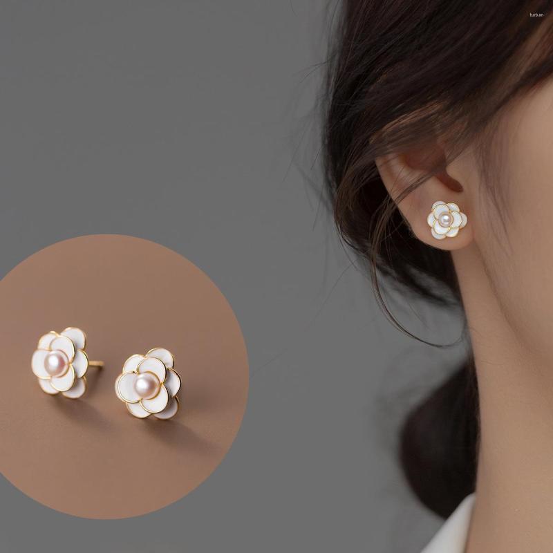 

Stud Earrings Genuine 925 Sterling Silver Elegant White Camellia Pearl For Women Girls Simple Bridal Jewelry Wedding
