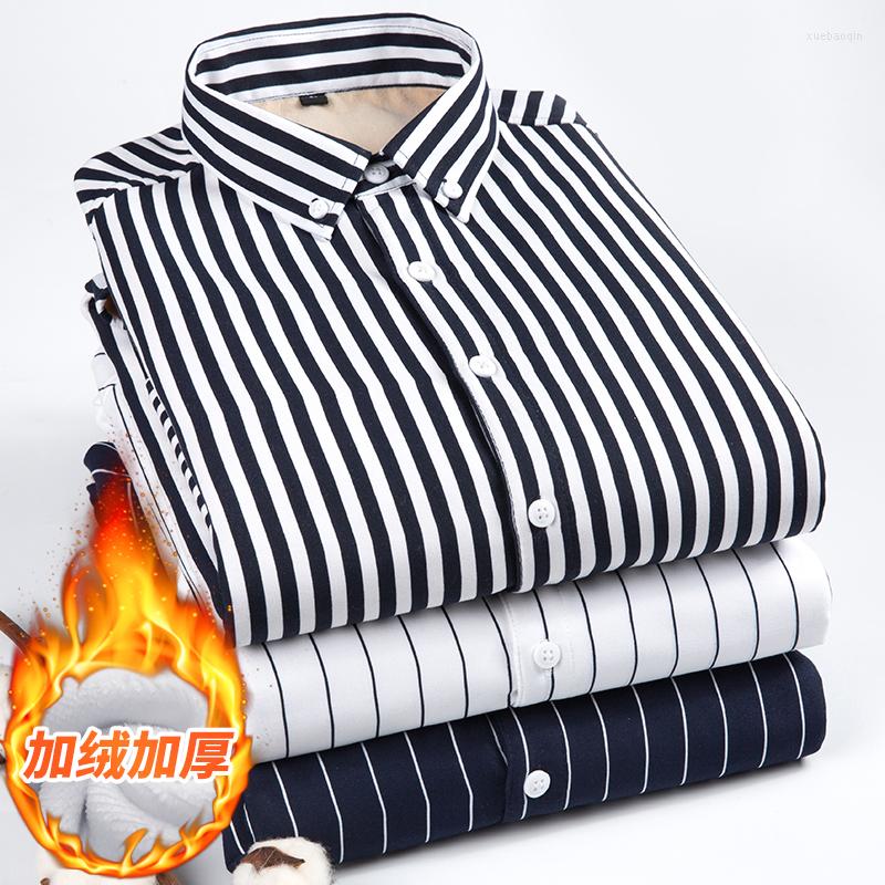 

Men's Casual Shirts Men's Plush Thickened Striped Shirt Warm In Winter Wool Lining Cold Proof And Slim Fitting Male Clothing, Half-navy