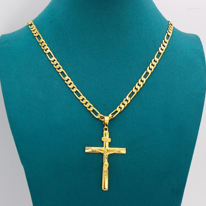 

Pendant Necklaces Real 10k Yellow Solid Fine Gold GF Jesus Cross Crucifix Charm Big 55 35mm Figaro Chain Necklace 24" 600 6mm