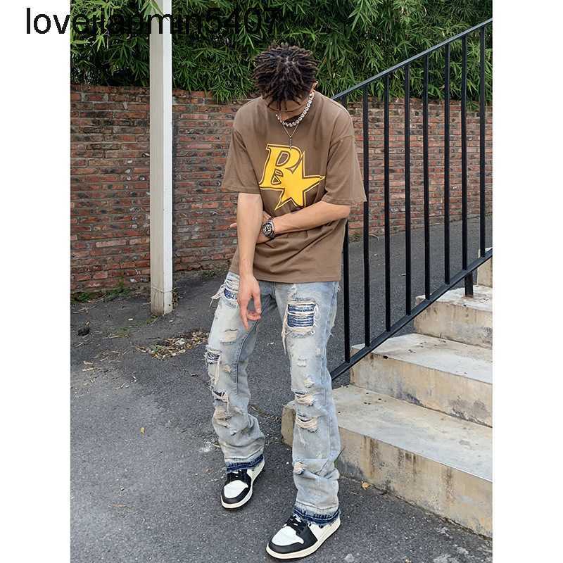 

Fashionable Men' Jeans Factory Wholesale and Retail High Street Wind Wash Hole Cat Whisker Buckle Split Straight Fitting Men Hip-hop Fashion Pants Fog, Light blue