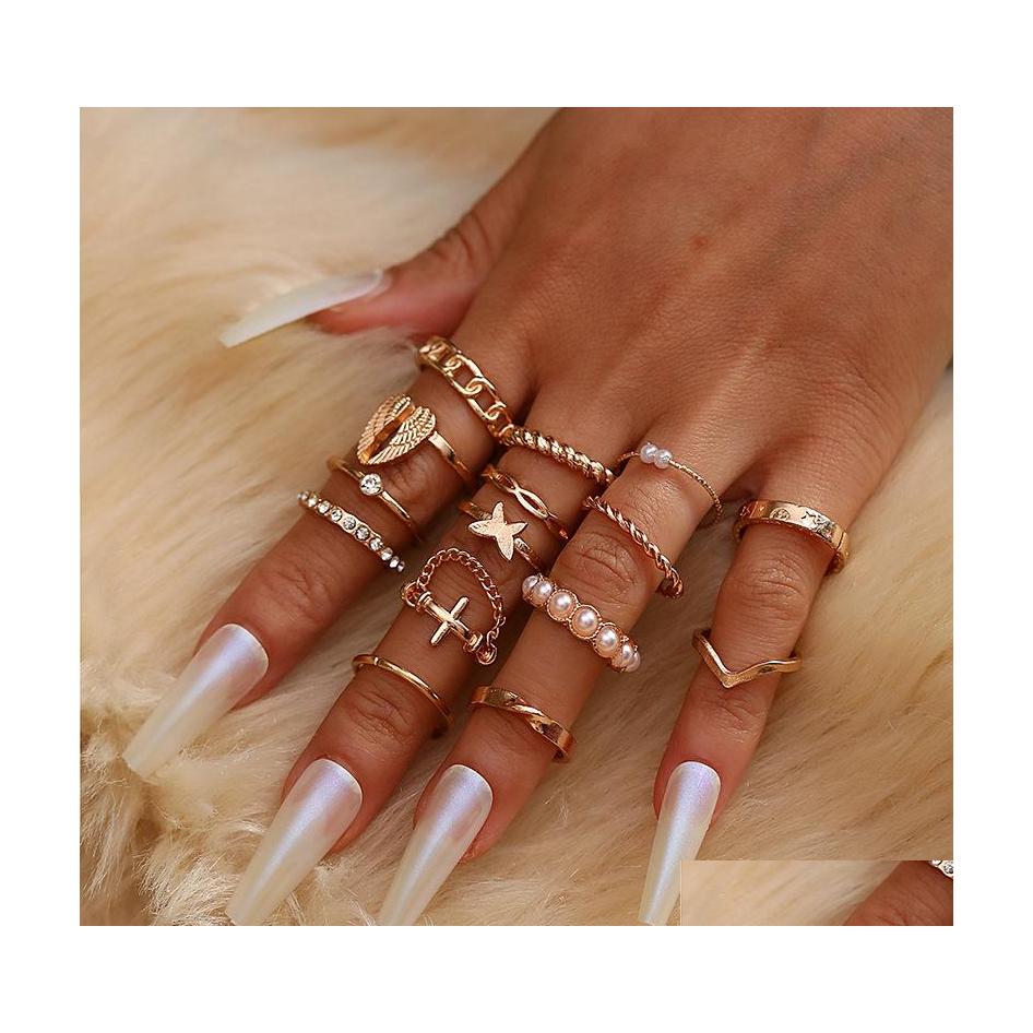 

Band Rings Fashion Jewelry Knuckle Ring Set Sier Geometric Faux Pearl Beads Angel Wing Cross Chain Stacking Rings 15Pcs/Set Drop Deli Dhiqp