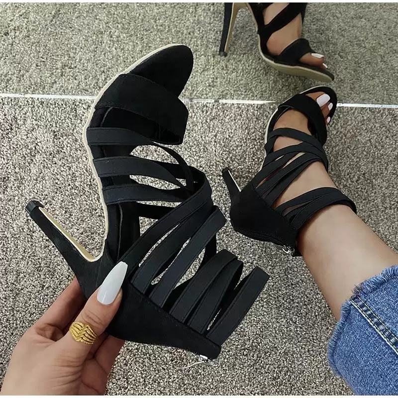 

Dress Shoes Women Summer Sandals Fashion Ladies Elastic Band High Heel Pumps Female Open Toe Shoe Zip Women's Denim Outside Dress, Blue