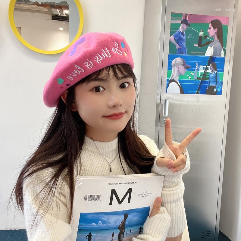 

Berets Sweet Wool Hat Niche Designer Love Letter Embroidery High Quality Korean Literature And Art Painter Hats For Women, Purple
