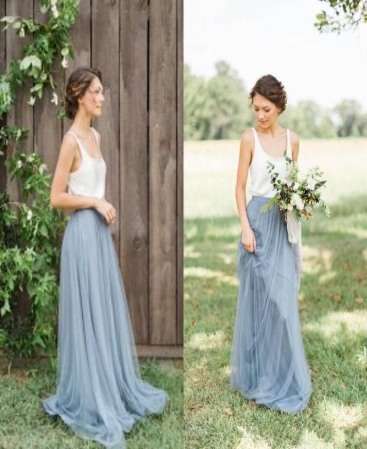 

Vintage Dusty Blue Bridesmaid Dresses Garden Beach Wedding Floor Length Long Formal Maid of honor Gowns Scoop Neck Sleeveless Tull2397361