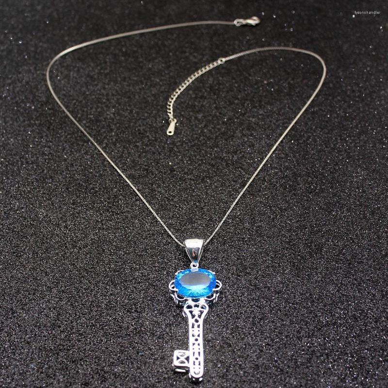 

Pendant Necklaces Hermosa Charms Unique Key Ocean BlueTopaz Silver Color Necklace For Women 20 Inch