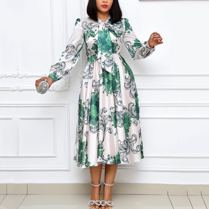 

Casual Dresses African Ladies Elegant Printed Bow Collar Full Sleeve High Waisted A Line Mid Calf Fashion Evening Night Party Club, Elegant dress