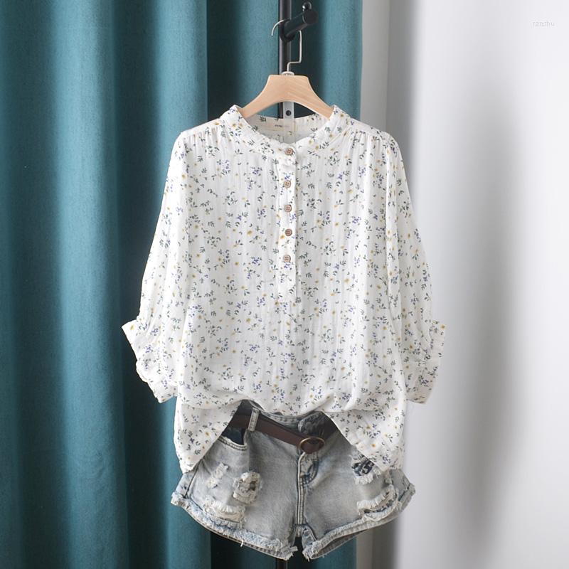 

Women's Blouses Vintage Floral Wome Shirts Summer 2022 Cotton LInen O-Neck Half Sleeved Casual All Match Female Outwear Coats Tops, White