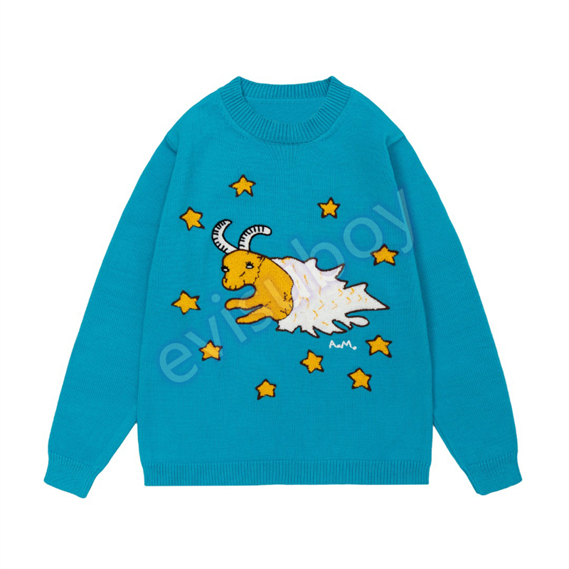 

Luxury Designer Mens Sweater Fashion Brand Aries Zodiac Pattern Embroidery Long Sleeve Sweater Casual Crew Neck Womens Top Blue
