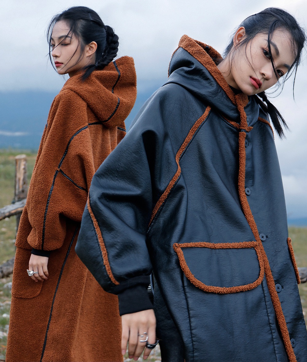 

Women's Faux leather coat Reversible Hooded Jacket High Street Autumn Winter outwear Windproof Fashion Double-sided Wear furs coat, Picture color
