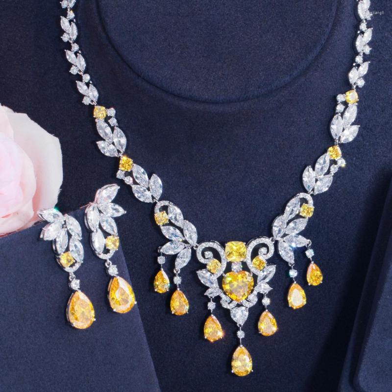 

Wedding Jewelry Sets CWWZircons High Quality Yellow Cubic Zirconia African Luxury Dangle Tassel Drop Necklace For Brides T290