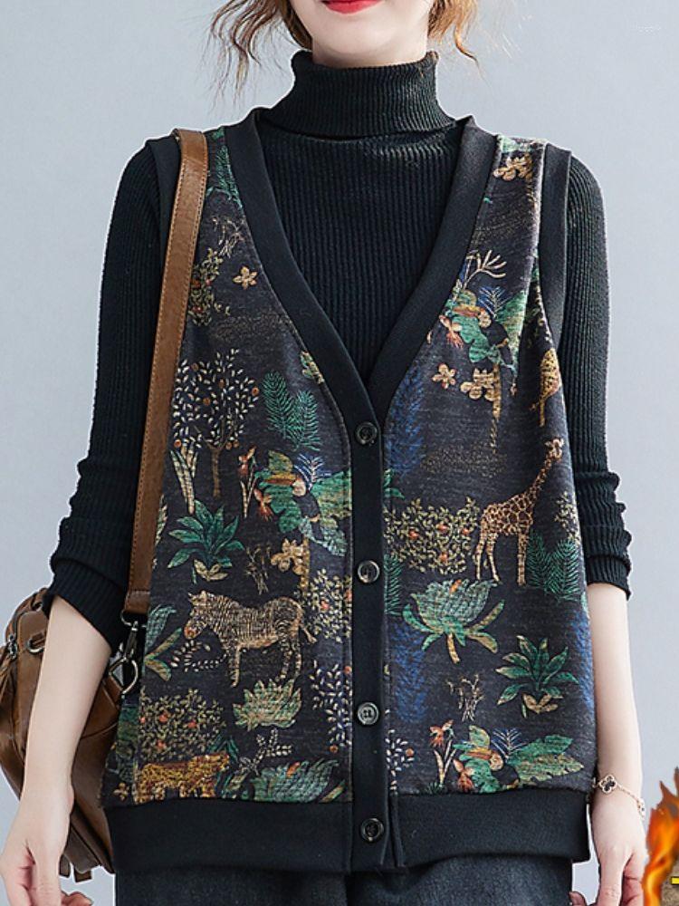 

Women's Vests Cotton Vest Women's Printed Animal Flowers 2022 Autumn And Winter Retro Printing Plus Velvet Thick Warm Outer Wear, As photo
