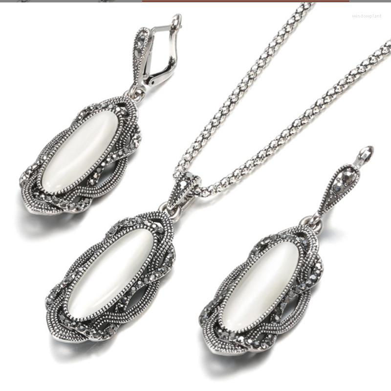

Necklace Earrings Set Fashion Boho White Stone Tibetan Silver Mosaic Black Crystal Big Oval Opal For Women Vintage Jewelry Gift, Picture shown