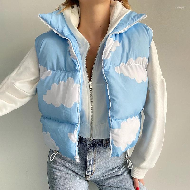 

Women' Vests Blue Cloud Print Women 2022 Coat Autumn Warm Sleeveless Cute Waistcoat Stand Collar Short Jacket Korean Style Spring Clothes