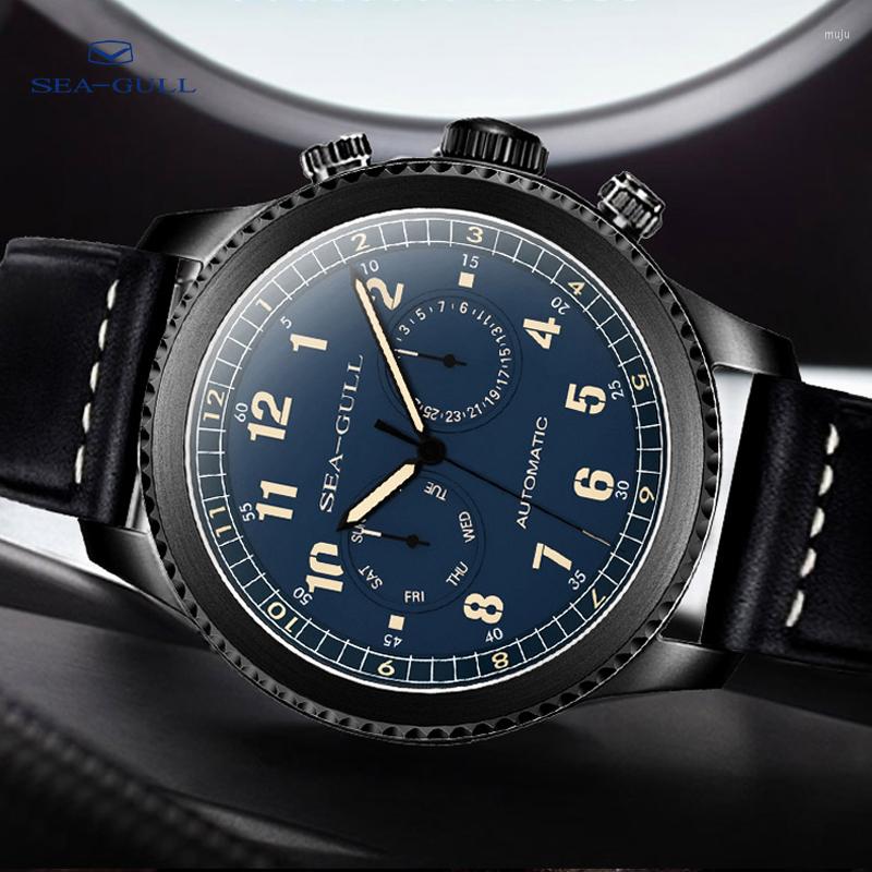 

Wristwatches SEA-GULL Business Watches Men's Mechanical Week Calendar 50m Waterproof Leather Luxury Male 819.13.6081, 819.23.6080h