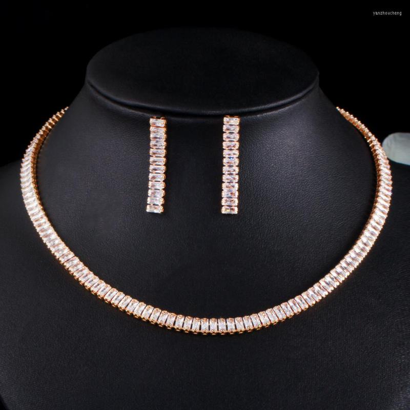 

Wedding Jewelry Sets CWWZircons Shiny Elegant White Baguette Cubic Zirconia African Gold Color Women Necklace Earring Brides Set T505