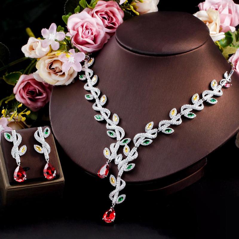 

Necklace Earrings Set CWWZircons Beautiful Leaf Drop Multicolor Cubic Zircon Luxury Big Chunky Wedding Earring Bridal Party T636, Picture shown