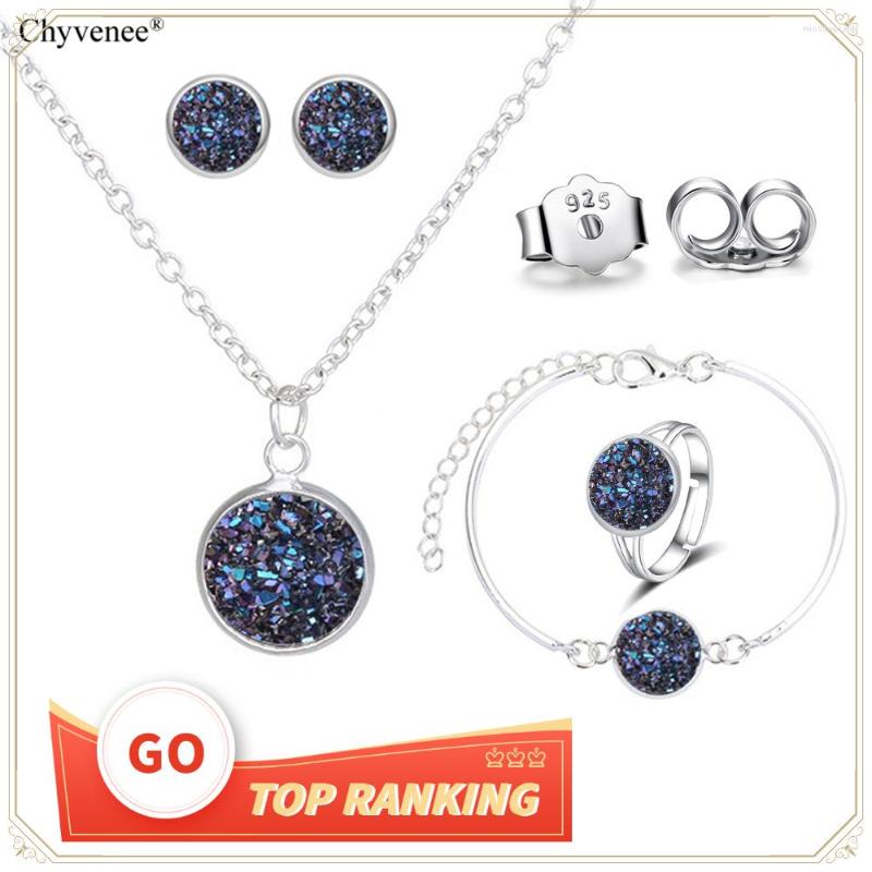 

Necklace Earrings Set Stainless Steel Jewelery For Women Luxury Quartz Rhinestone Round Necklaces Bridal Silver Plated Gift, Picture shown