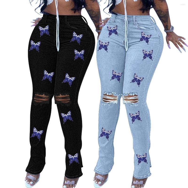 

Women's Jeans Fashion Women Butterfly Printing Stretchy High Waist Holes Ripped Split Pencil Summer Auumn Denim Pants, Black